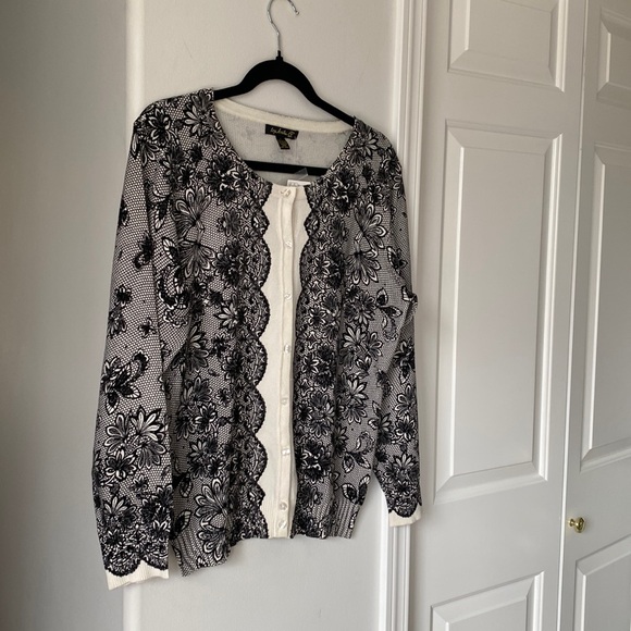 Top Knits - Black & White Floral Lace Pattern Button Up Cardigan - Picture 1 of 5
